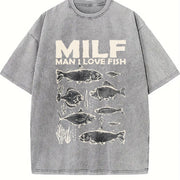 Milf Man I Love Fish 90s Vintage Washed T-Shirt in Gray