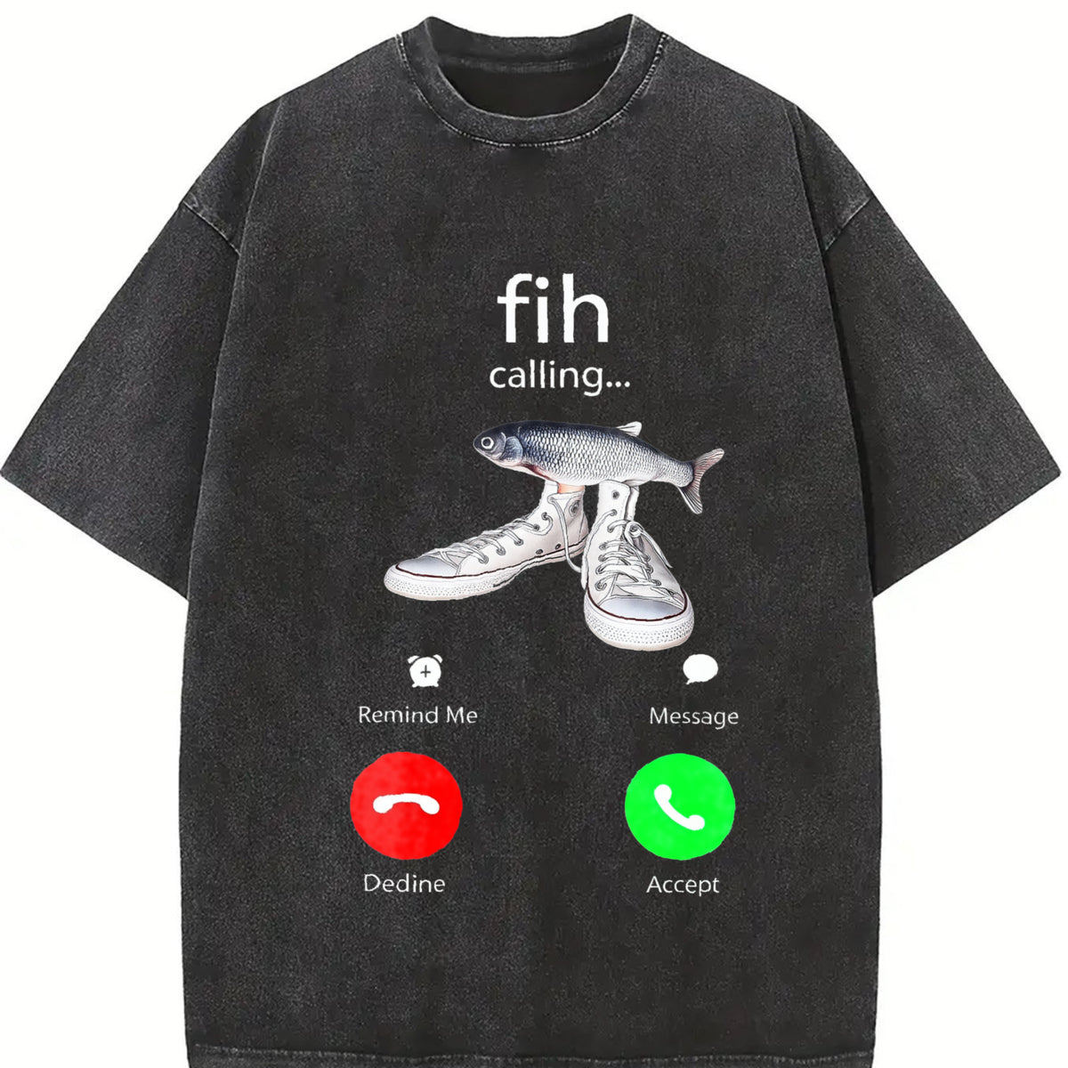Fish Calling Phone Meme Vintage Washed T-Shirt in Black