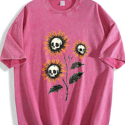 Skull Sunflowers Gothic Goth Creepy Cute Alt Grunge Y2K Vintage Washed T-Shirt in Red
