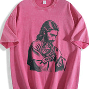 Retro Religious Jesus Hugs Cat Christ Vintage Washed T-Shirt in Red