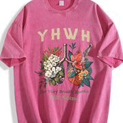 Short-Sleeve - YHWH Floral Butterfly & Every Breath vintage washed oversized T-shirt in Red