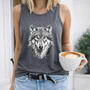 Wolf Face Art Crew-neck Sleeveless Vest Outdoor Women's Color Cotton Tank Top in Gray
