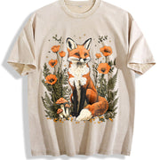 Plant and Animal Fox Floral Spotted Mushroom 1pc Vintage Washed T-Shirt in Beige