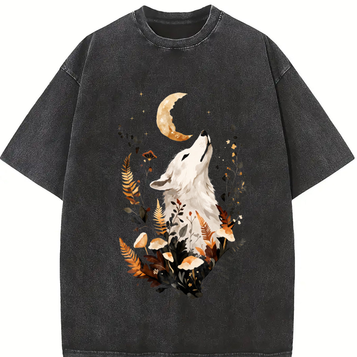 Autumn Looking Up Noble Elegant White Fox Vintage Washed T-Shirt in Black