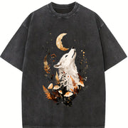 Autumn Looking Up Noble Elegant White Fox Vintage Washed T-Shirt in Black