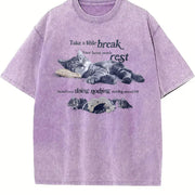 Y2k Relaxing Cat Lover Vintage Washed T-Shirt in Purple