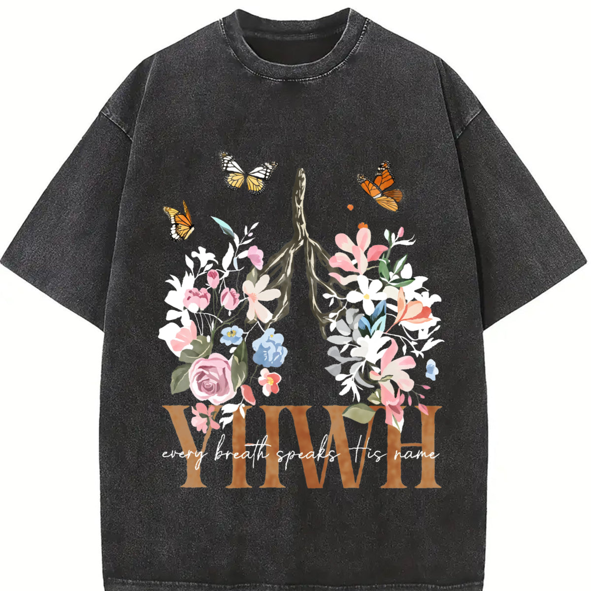 YHWH Yahweh Floral Christian Vintage Washed T-Shirt in Black