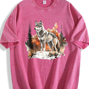 Winter: Gray Wolf in a Forest Snowscape Vintage Washed T-Shirt in Red