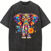 Elephant Fashionable Vintage Washed T-Shirt in Black