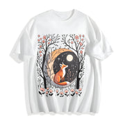 Sister Autumn Dead Tree Flowers Night Fox Appreciation Cotton T-Shirt in White