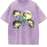 Bass Fishing Moon Retro Largemouth Fish Vintage Washed T-Shirt in Purple