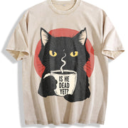 Is He Dead Yet Black Cat Vintage Washed T-Shirt in Beige