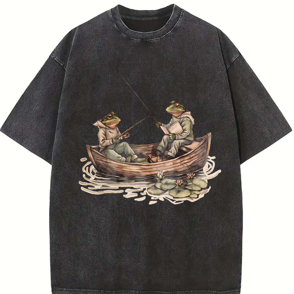 Two Frogs Fishing 90s Vintage Washed T-Shirt in Black