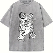 Black and White Snake-hair Medusa Dark Illustration Orca Vintage Washed T-Shirt in Gray