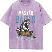 Retro Master Baiter Raccoon Fishing Vintage Washed T-Shirt in Purple