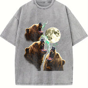 Bear Howling to Moon 90s Vintage Washed T-Shirt in Gray