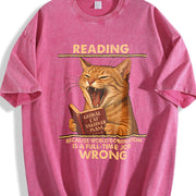 Cat Reading Retro Cat Vintage Washed T-Shirt in Red