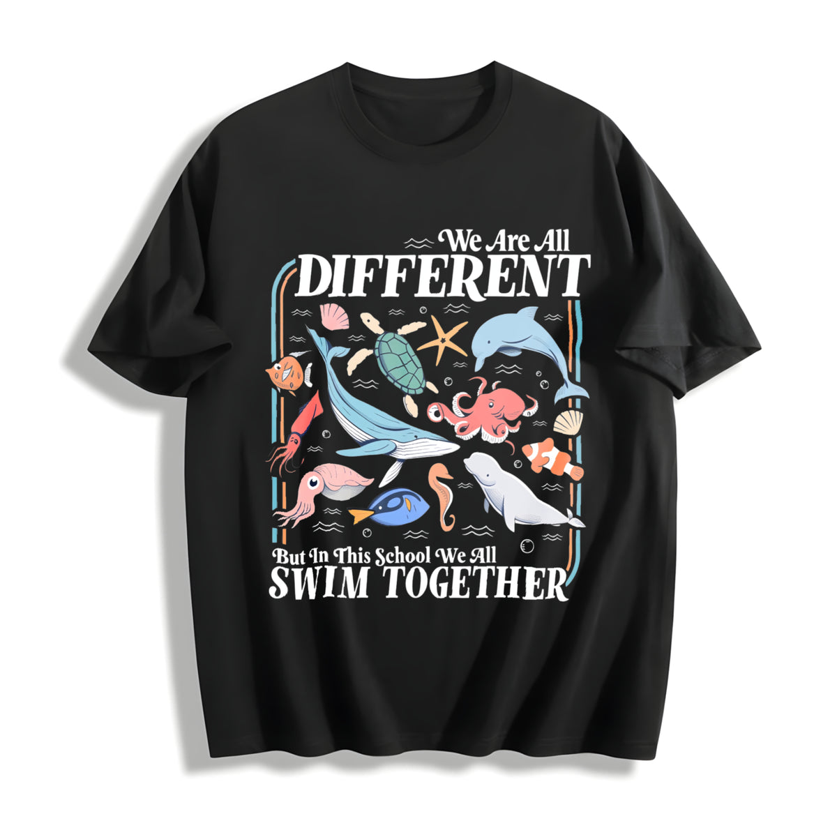We Are All Different Swim Together Teacher Back to School Cotton T-Shirt in Black