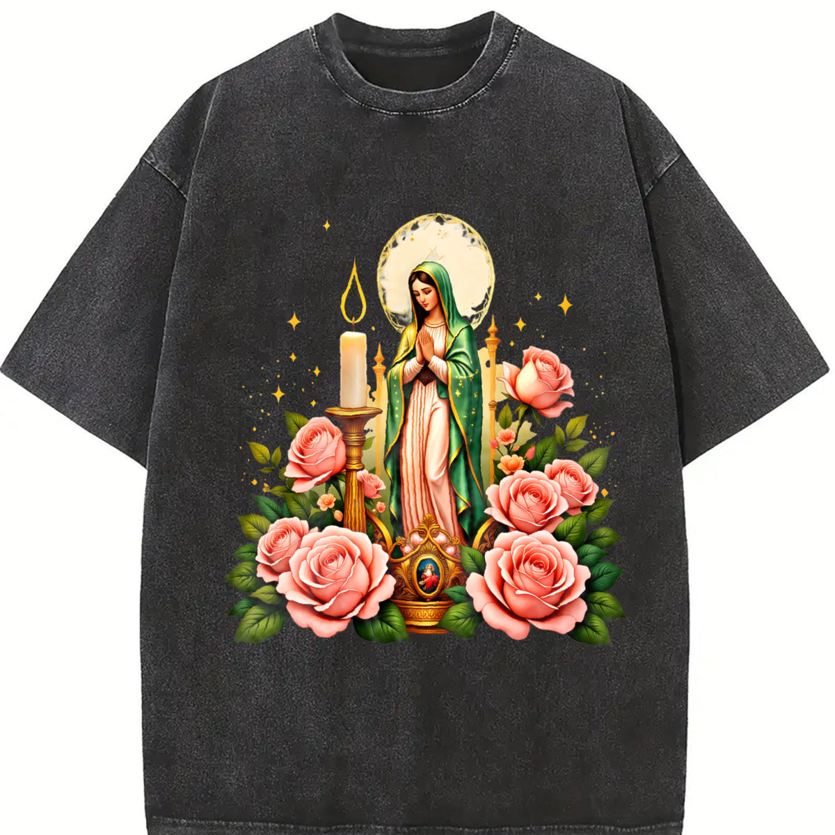 Mexican-inspired Our of Guadalupe & Pink Roses Vintage Washed T-Shirt in Black