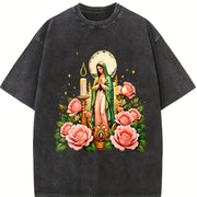Mexican-inspired Our of Guadalupe & Pink Roses Vintage Washed T-Shirt in Black