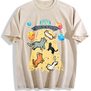 UFO Takeaway Cute Cat Vintage Washed T-Shirt in Beige