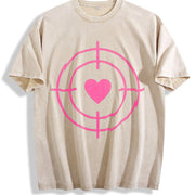 Valentine's Day Pink Heart Bullseye Vintage Washed T-Shirt in Beige