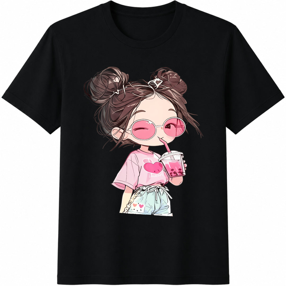 Cute Girl with Bubble Tea Cotton T-Shirt in Black