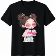 Cute Girl with Bubble Tea Cotton T-Shirt in Black