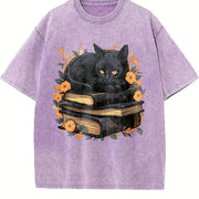 Cat on Book with Autumn Leaves All Seasons Vintage Washed T-Shirt in Purple