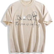Nautical Ocean Call & Starfish Beach Vintage Washed T-Shirt in Beige