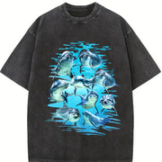 Playful Dolphins Ocean Vintage Washed T-Shirt in Black