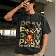 Pray on It Pray Over It Black Woman Afro Christian Sayings Vintage Washed T-Shirt in Black