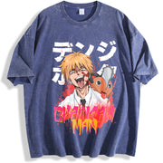 Aki Metal Chainsaw Man Vintage2 O-neck Denji Makima Aki vintage washed oversized T-shirt in Blue
