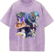 Cats Floating in Galaxy 90s Vintage Washed T-Shirt in Purple