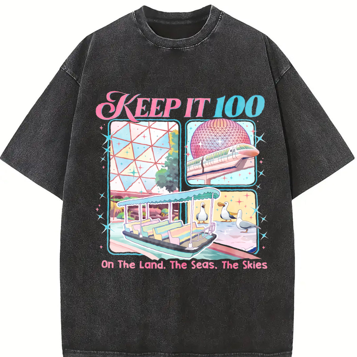 Keep It 100 the Land the Seas the Skies WDW Vintage Washed T-Shirt in Black