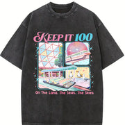 Keep It 100 the Land the Seas the Skies WDW Vintage Washed T-Shirt in Black