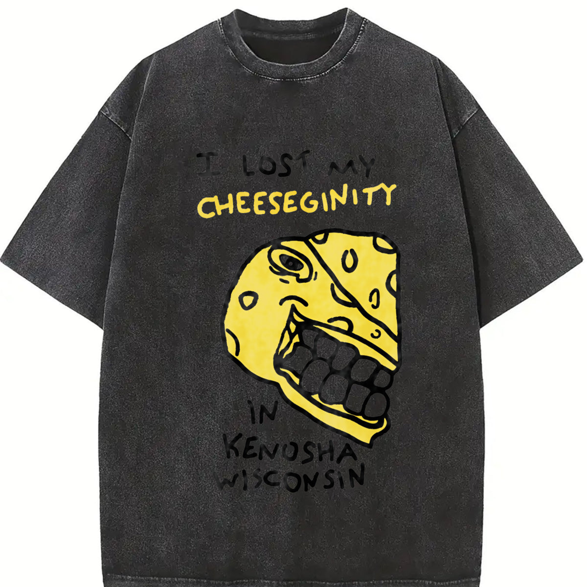 I Lost My Cheeseginity In Kenosha Wisconsin Cartoon vintage washed oversized T-shirt in Black