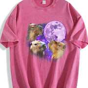 Three Capybaras Retro Capybara Moon Vintage Washed T-Shirt in Red