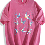 Birds Retro 90s Tattoo Vintage Washed T-Shirt in Red