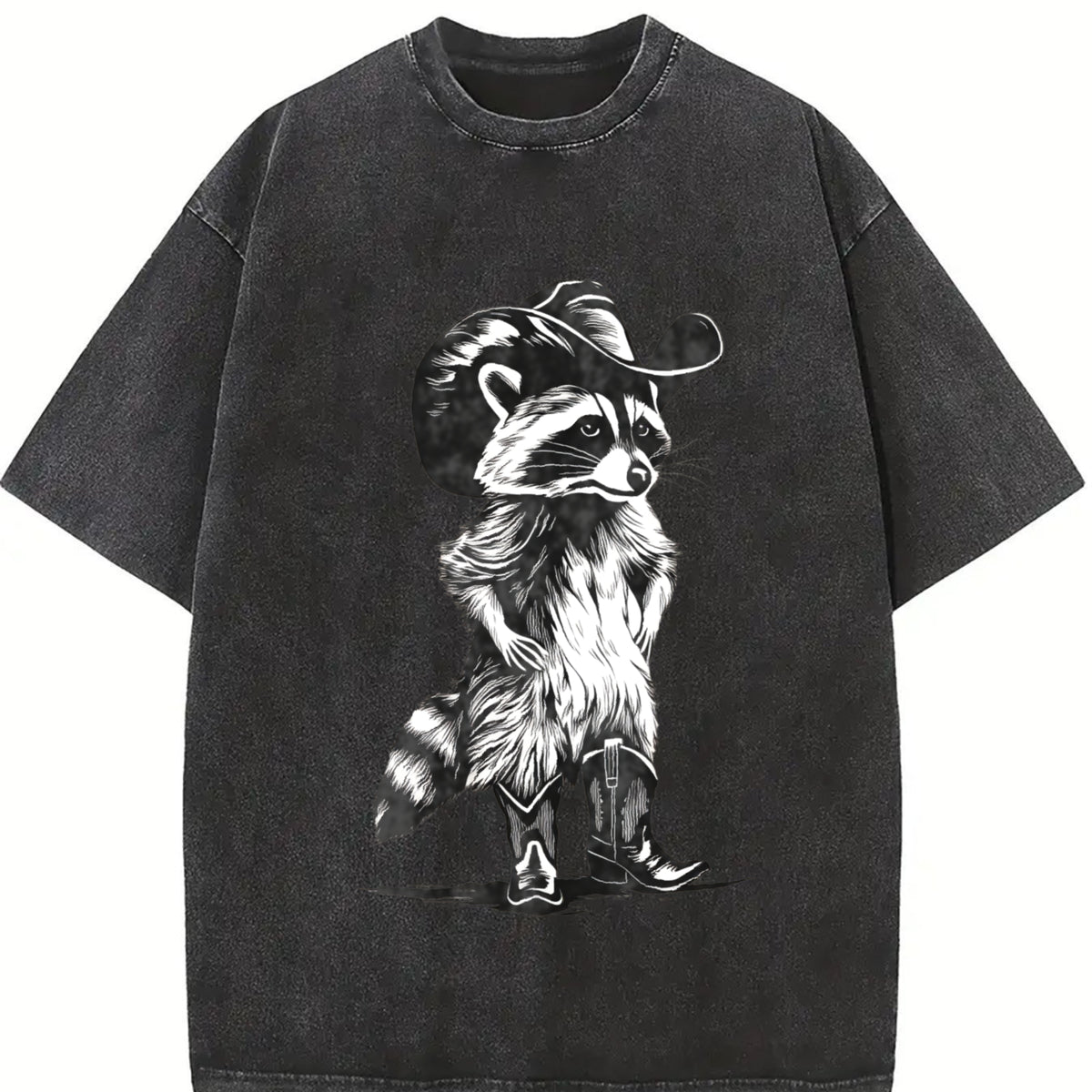 Western Raccoon Retro Cowboy Racoon Vintage Washed T-Shirt in Black