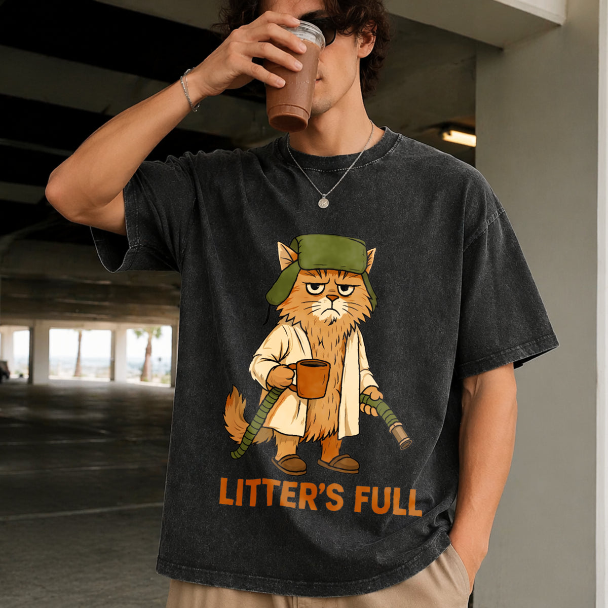 Full Cat Lovers Christmas Xmas Vintage Washed T-Shirt in Black