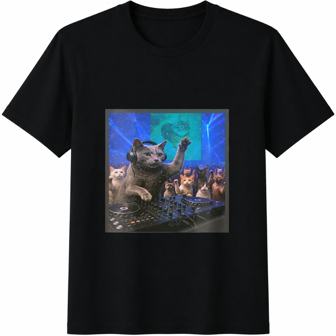 DJ Cat Rave Party Cats Cotton T-Shirt in Black