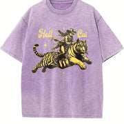 Hell Cat Cowgirl Riding Tiger Vintage Washed T-Shirt in Purple