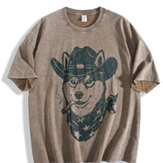 Smoking Cowboy Shiba Inu Retro Vintage Washed T-Shirt in Brown