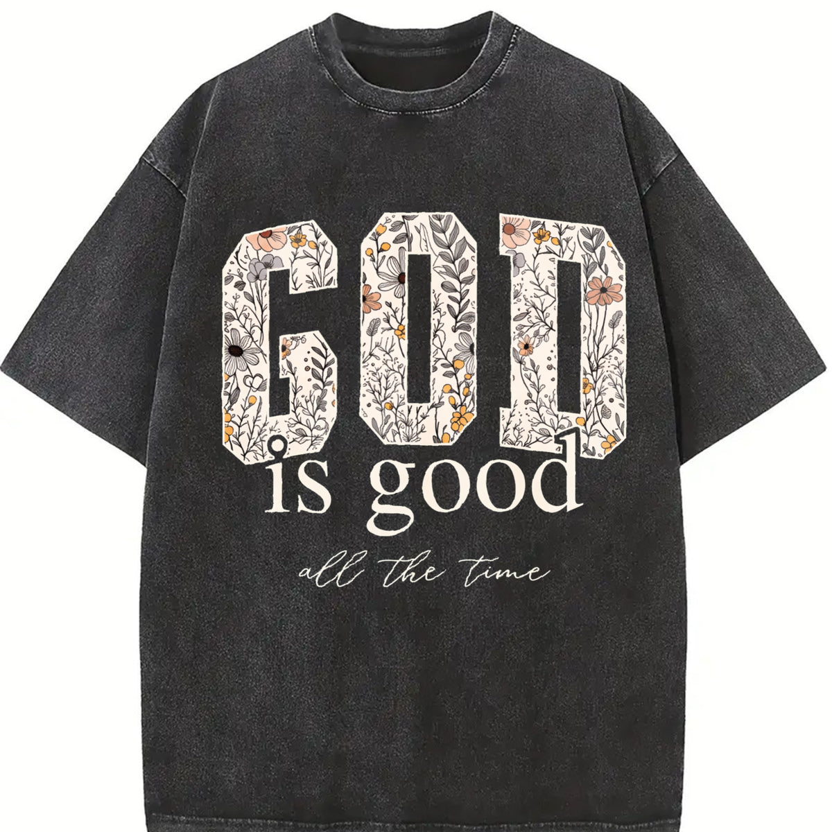 With GOD Flowers Brand with Batik Vintage Washed T-Shirt in Black