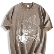 Witch Cat Retro Halftone Halloween Vintage Washed T-Shirt in Brown