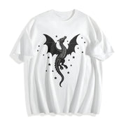 A Scale-patterned Black Dragon Round-neck Short-sleeve. Cotton T-Shirt in White