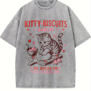 Valentines Cat Kitty Biscuits Bakery Vday Cat Lover vintage washed oversized T-shirt in Gray