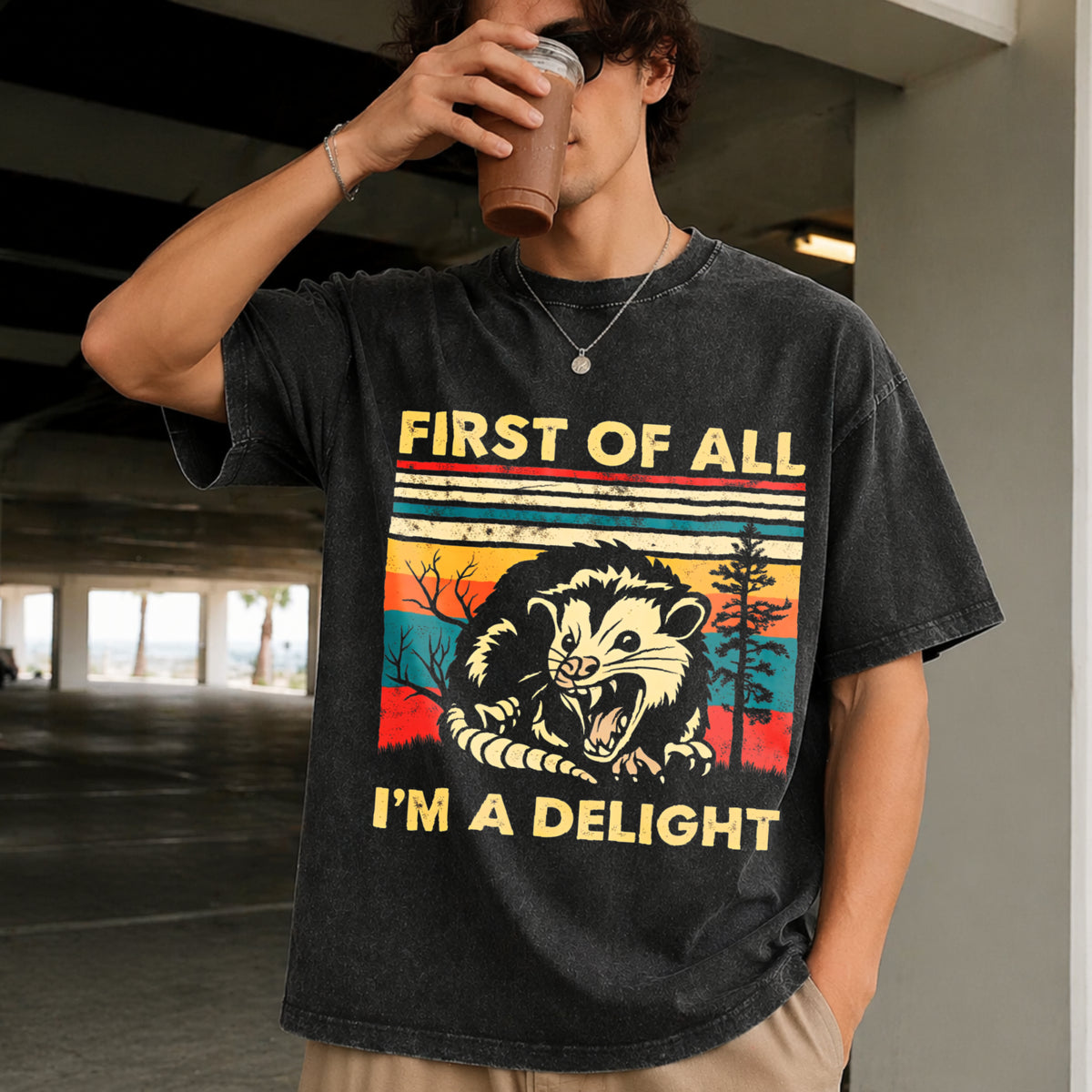 First of All I'm a Delight Sarcastic Angry Opossum Possum Vintage Washed T-Shirt in Black
