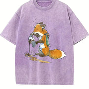 Ladies' Autumn Fuzzy Fox Mistakenly Spills Water Cartoon Vintage Washed T-Shirt in Purple